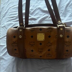 MCM Cognac Monogram Barrel Bag with Gold Details